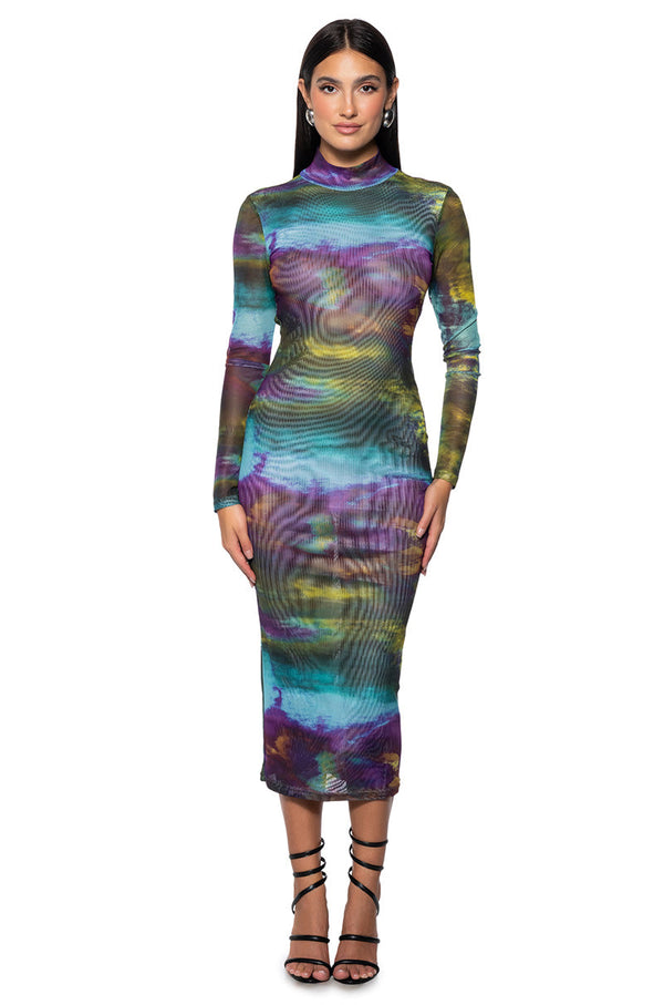 WATERCOLOR PRINTED MESH MIDI DRESS