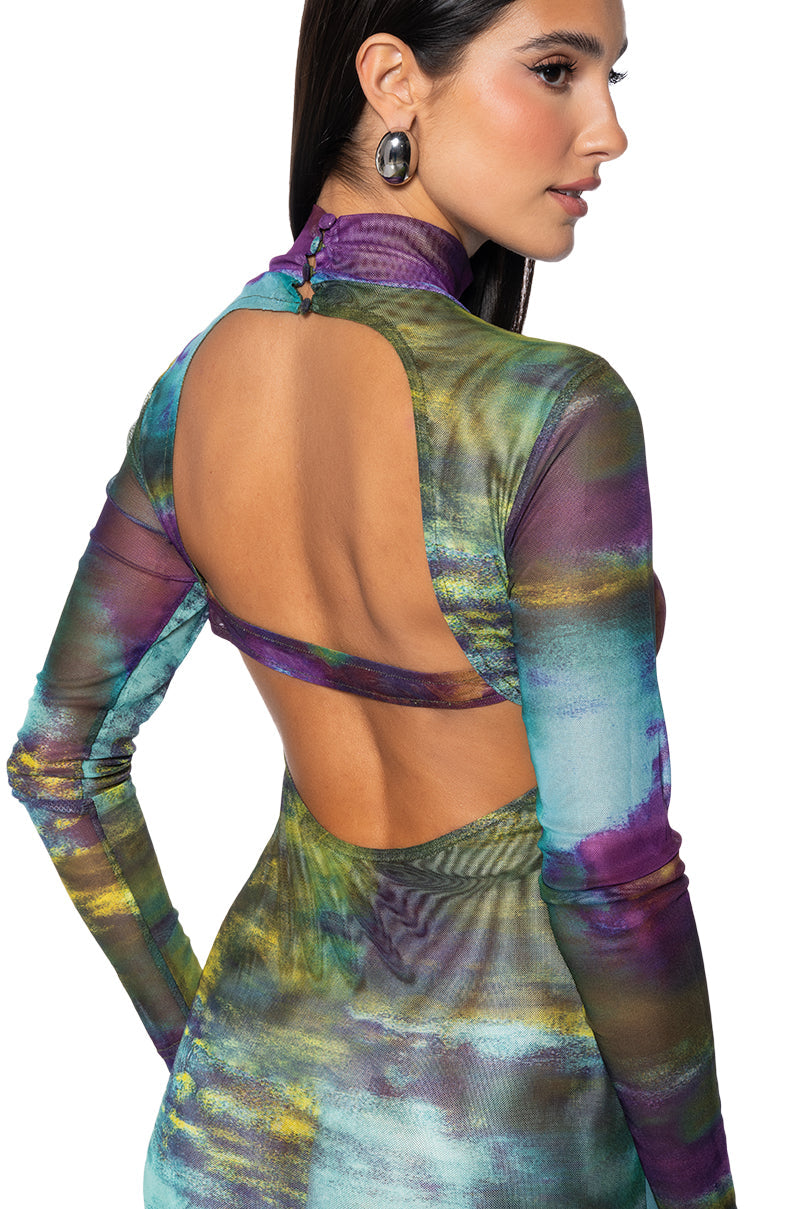 WATERCOLOR PRINTED MESH MIDI DRESS