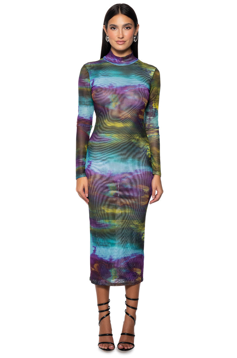 WATERCOLOR PRINTED MESH MIDI DRESS