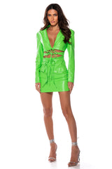 WAVE CUT OUT DETAIL FAUX LEATHER BLAZER DRESS