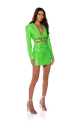 WAVE CUT OUT DETAIL FAUX LEATHER BLAZER DRESS