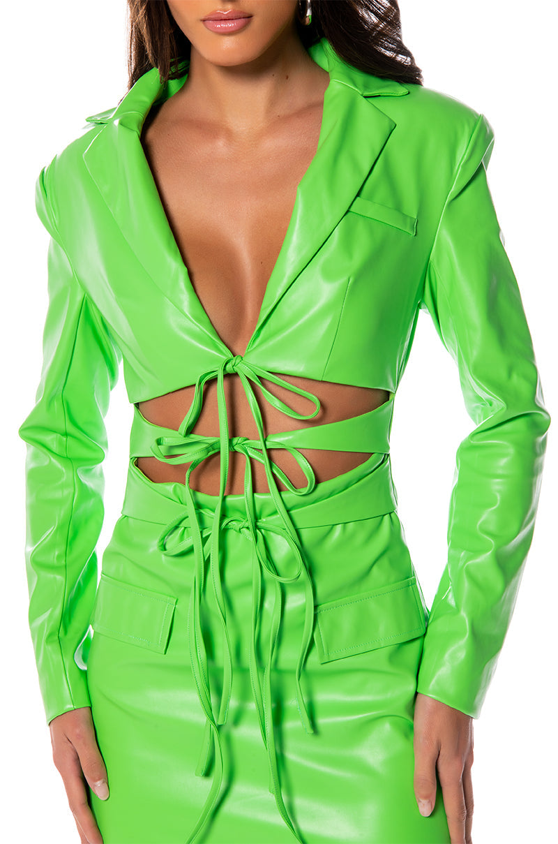 WAVE CUT OUT DETAIL FAUX LEATHER BLAZER DRESS