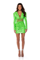 WAVE CUT OUT DETAIL FAUX LEATHER BLAZER DRESS