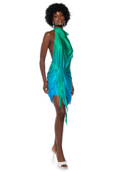 WAVES OF BLUE HALTER WRAP FRONT MINI DRESS