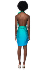 WAVES OF BLUE HALTER WRAP FRONT MINI DRESS