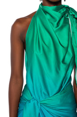 WAVES OF BLUE HALTER WRAP FRONT MINI DRESS