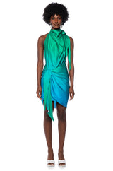 WAVES OF BLUE HALTER WRAP FRONT MINI DRESS