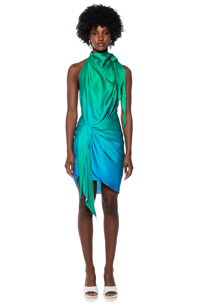 WAVES OF BLUE HALTER WRAP FRONT MINI DRESS