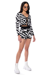 WAVY CHECKERED TIE FRONT CROPPED SWEATER