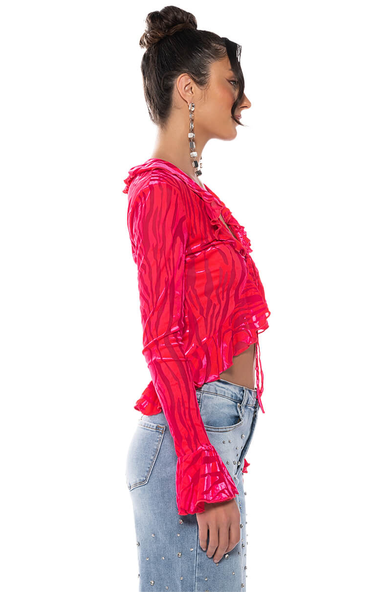 FREYA RUFFLED COLLAR TIE FRONT BLOUSE
