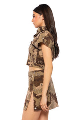 WE RIDE CAMO BUTTON DOWN AND MINI SKIRT SET IN BROWN