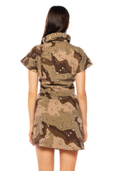 WE RIDE CAMO BUTTON DOWN AND MINI SKIRT SET IN BROWN