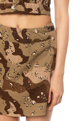 WE RIDE CAMO BUTTON DOWN AND MINI SKIRT SET IN BROWN