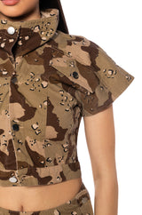 WE RIDE CAMO BUTTON DOWN AND MINI SKIRT SET IN BROWN