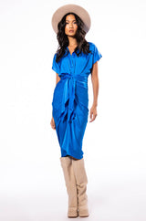 WEDDING GUEST READY SATIN TIE FRONT DRESS