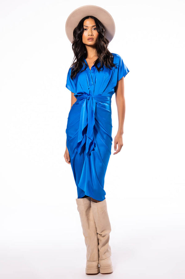 WEDDING GUEST READY SATIN TIE FRONT DRESS