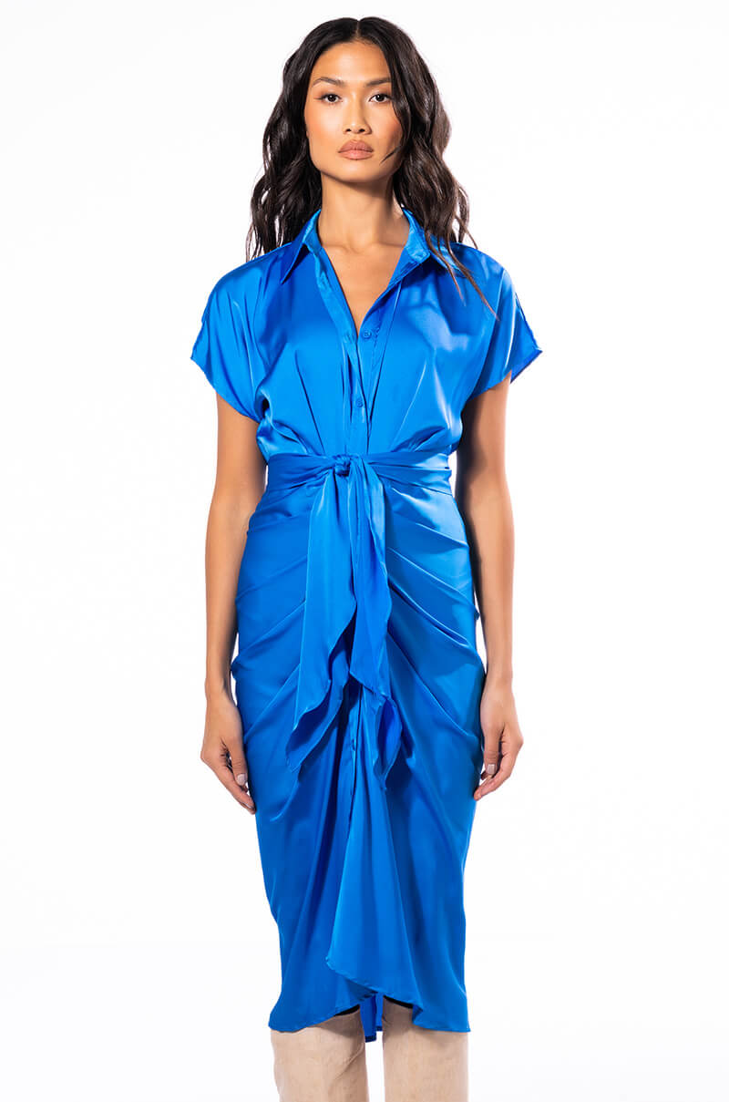 WEDDING GUEST READY SATIN TIE FRONT DRESS