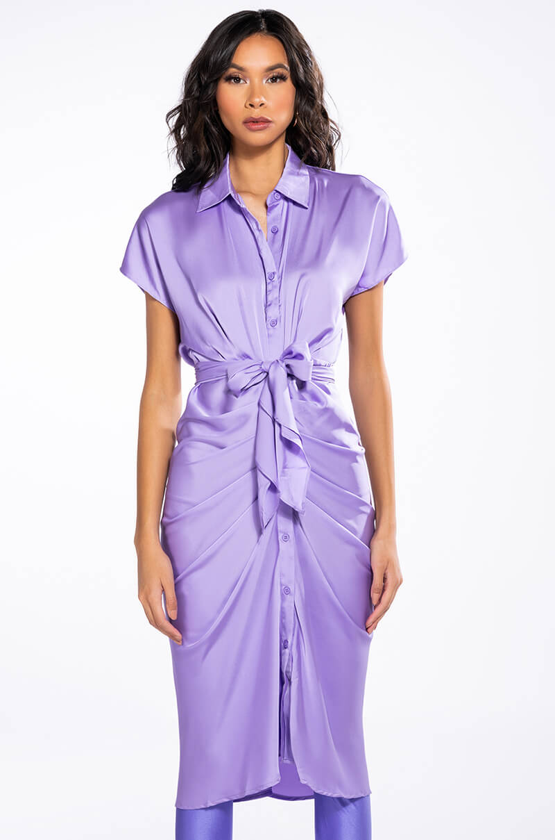 WEDDING GUEST READY SATIN TIE FRONT DRESS