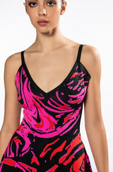 WHO NEEDS LOVE FIT AND FLARE MINI DRESS