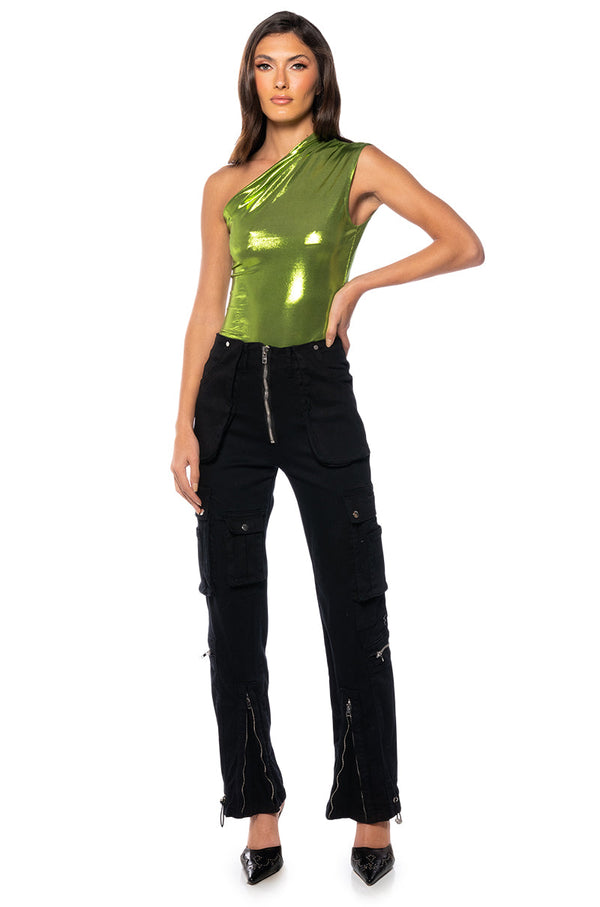 WILD CHILD METALLIC BODYSUIT IN GREEN