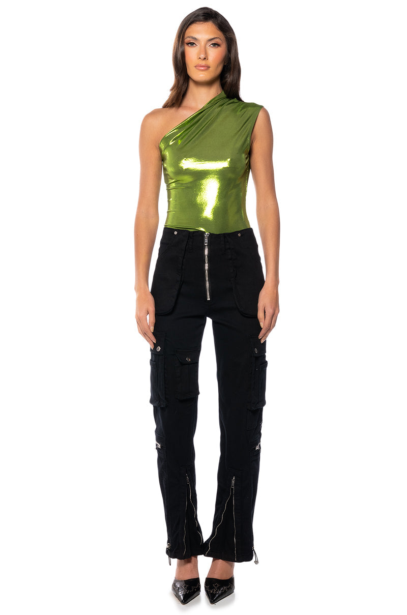 WILD CHILD METALLIC BODYSUIT IN GREEN