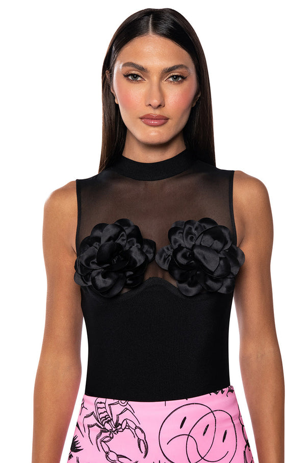 WILL YOU STILL LOVE ME FLOWER DETAIL HIGH NECK TOP