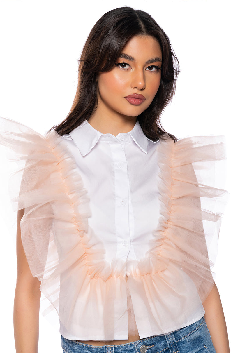 WINGIN IT RUFFLE BUTTON DOWN