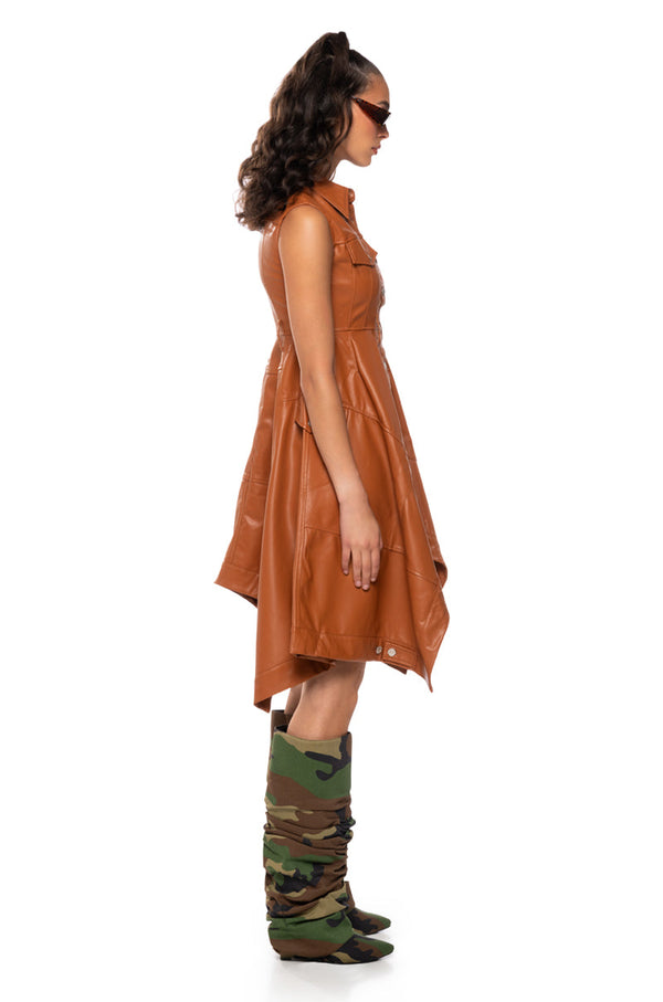WINONA CAP SLEEVE BUTTON DOWN PU MIDI DRESS