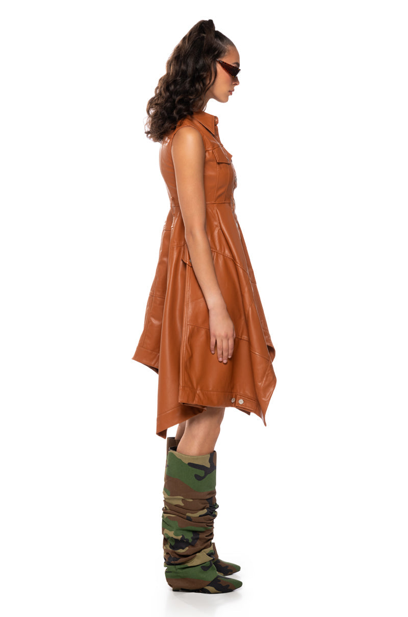 WINONA CAP SLEEVE BUTTON DOWN PU MIDI DRESS