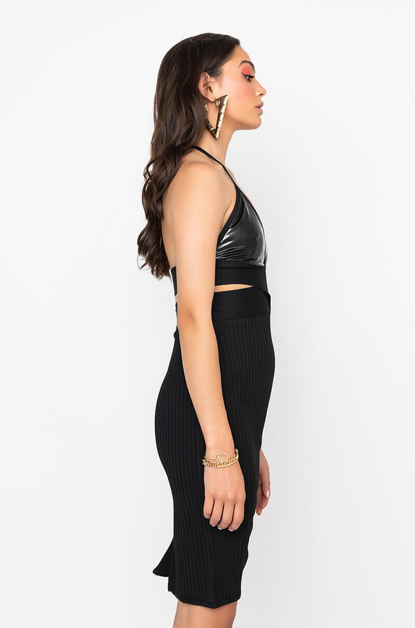 WISH LIST BANDAGE DRESS WITH VINYL BRA TOP