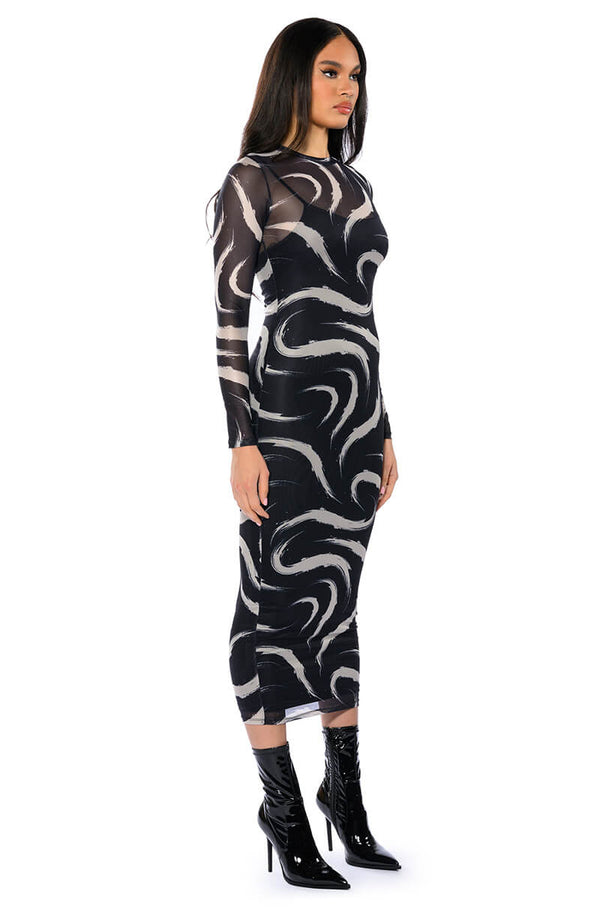 WISH YOU KNEW MESH LONG SLEEVE MIDI DRESS