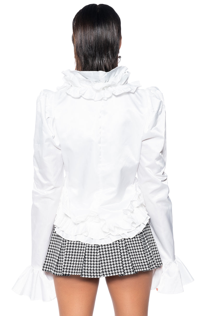 WOKE UP IN LOVE RUFFLED LONG SLEEVE BLOUSE IN WHITE
