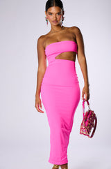 WOKE UP LIKE THIS STRAPLESS CUT OUT MIDI DRESS IN PINK
