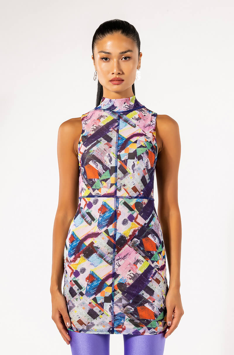 WORK OF ART SLEEVELESS MOCK NECK MESH MINI DRESS