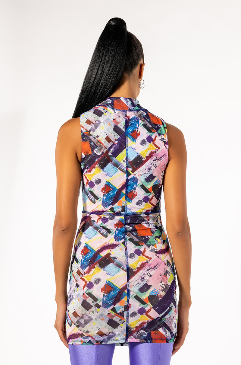 WORK OF ART SLEEVELESS MOCK NECK MESH MINI DRESS
