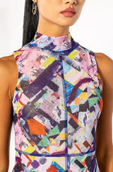 WORK OF ART SLEEVELESS MOCK NECK MESH MINI DRESS