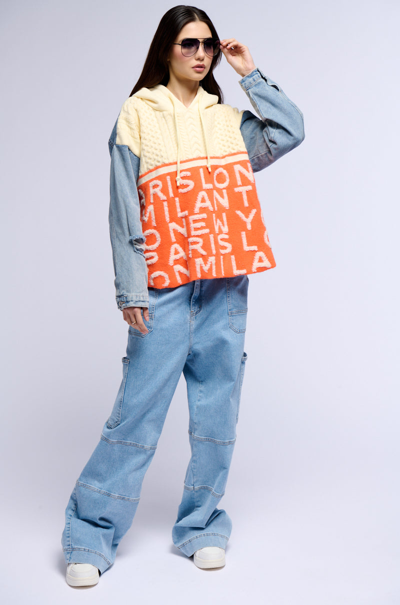 WORLD TRAVELER DENIM DETAIL SWEATER
