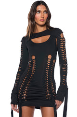 WORST BEHAVIOR DISTRESSED MINI DRESS
