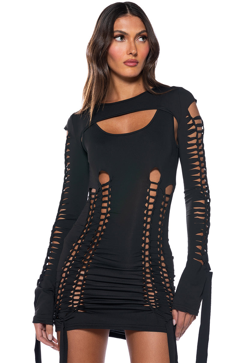 WORST BEHAVIOR DISTRESSED MINI DRESS