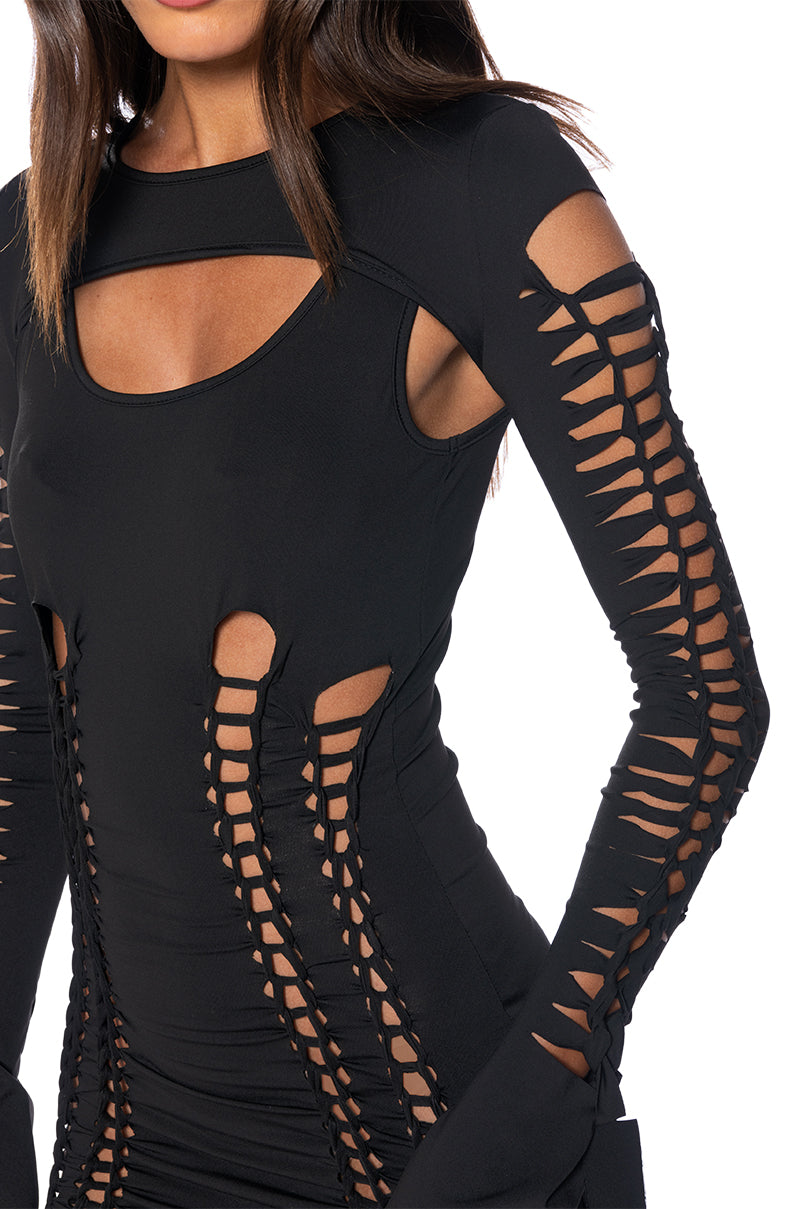 WORST BEHAVIOR DISTRESSED MINI DRESS