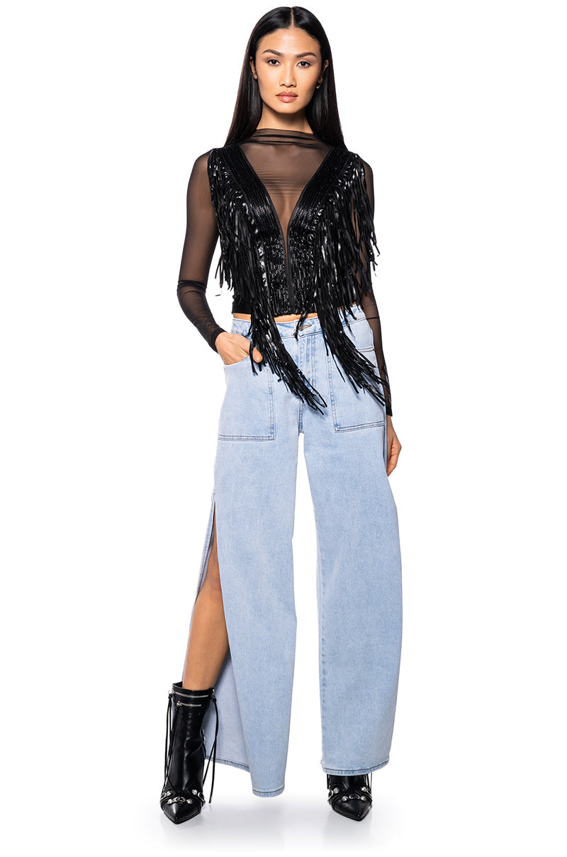 WORHTY OF ME FRINGE DETAIL LONG SLEEVE MESH TOP