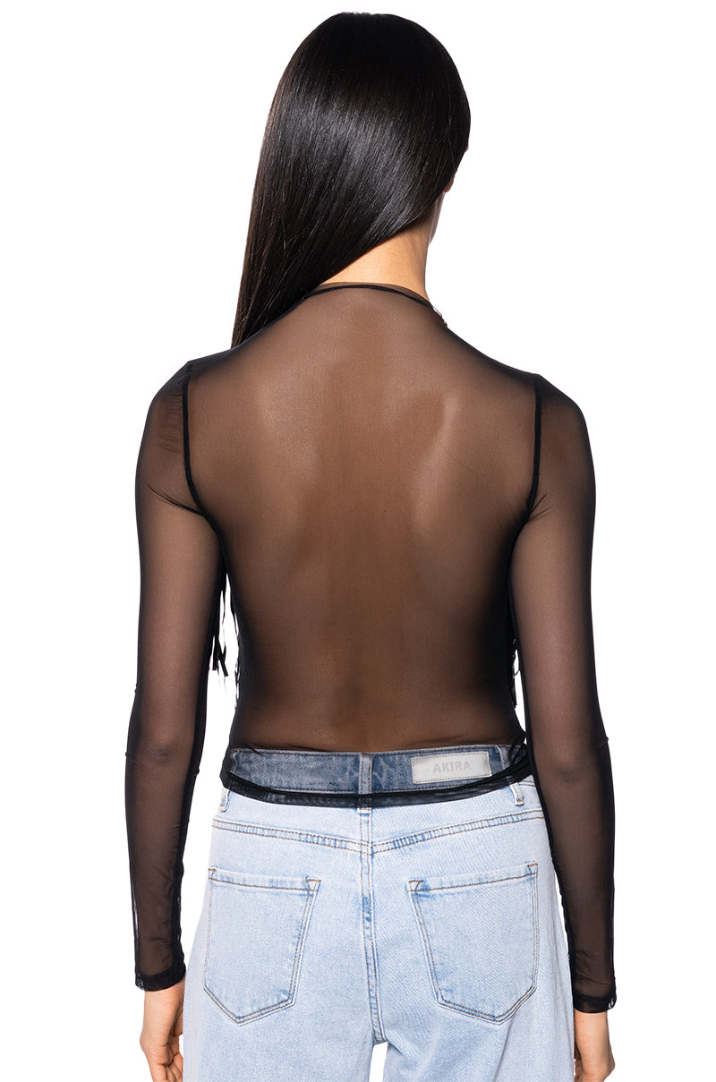 WORHTY OF ME FRINGE DETAIL LONG SLEEVE MESH TOP