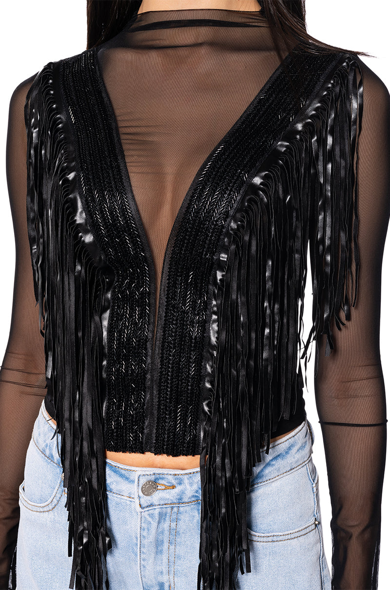 WORHTY OF ME FRINGE DETAIL LONG SLEEVE MESH TOP