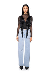 WORHTY OF ME FRINGE DETAIL LONG SLEEVE MESH TOP