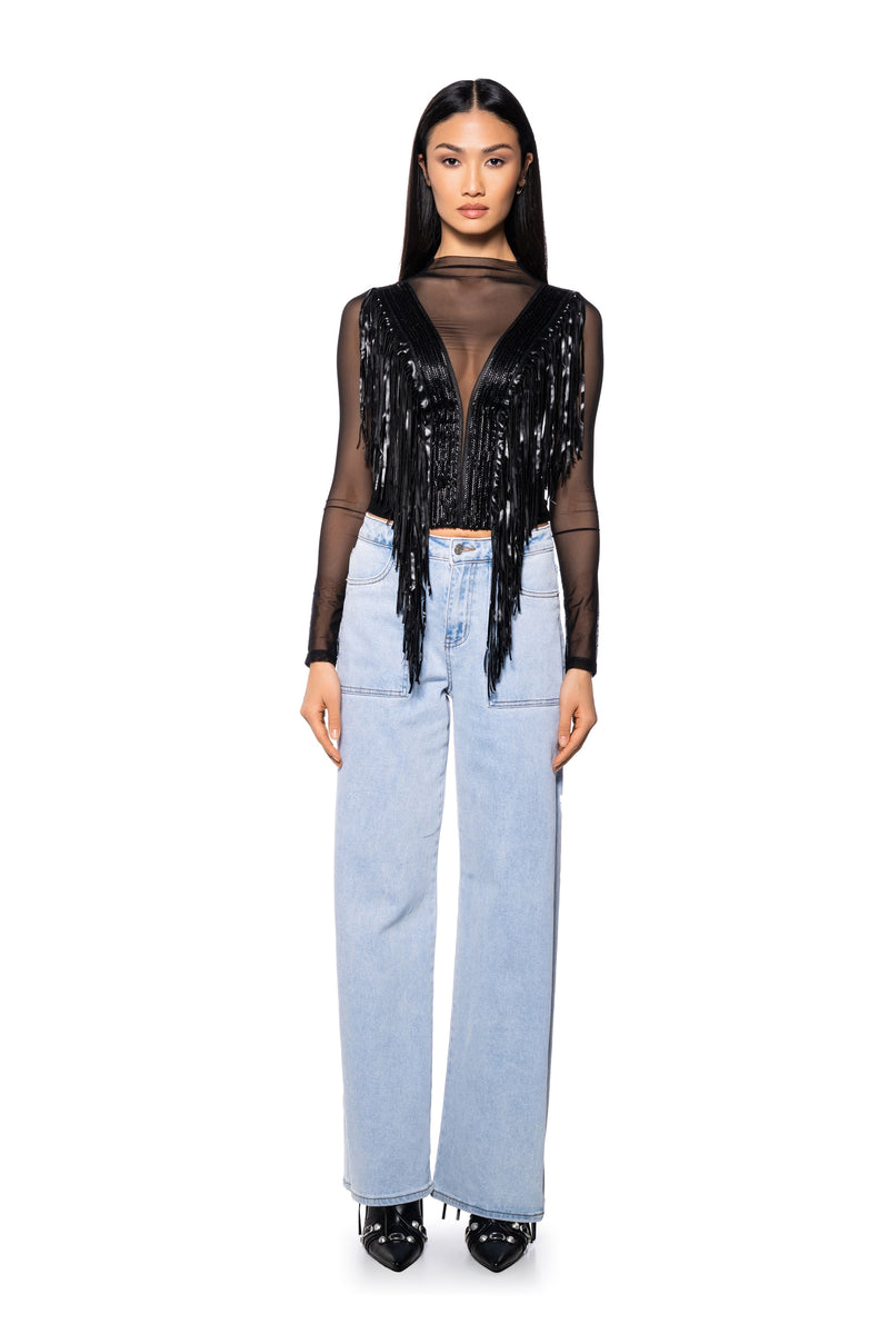 WORHTY OF ME FRINGE DETAIL LONG SLEEVE MESH TOP