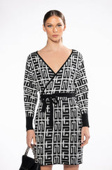 WRAP FRONT GEOMETRIC KNIT MINI DRESS