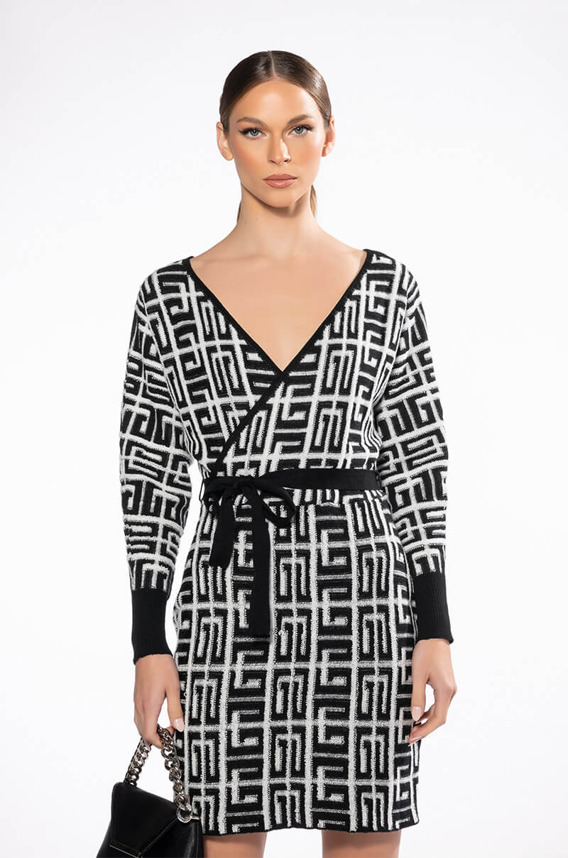WRAP FRONT GEOMETRIC KNIT MINI DRESS