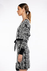 WRAP FRONT GEOMETRIC KNIT MINI DRESS