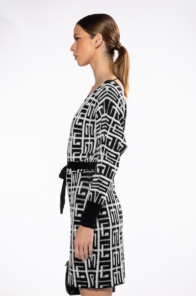 WRAP FRONT GEOMETRIC KNIT MINI DRESS