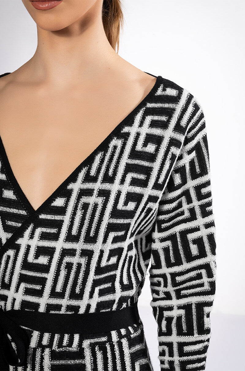 WRAP FRONT GEOMETRIC KNIT MINI DRESS